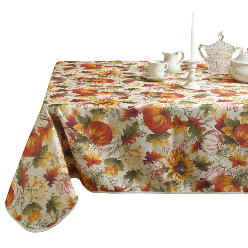 Violet Linen European Fall Harvest Pumpkins and Autumn Leaves Printed Tablecloth - 60" x 102" - Image 1